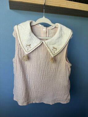 Coton Colors Pink Muslin Tank Top with White Embroidered Peter Pan Collar
